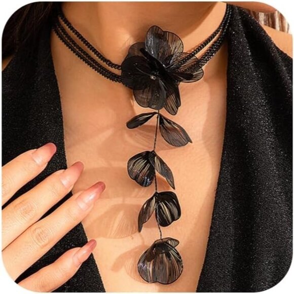 Women's Ginkgo Long Tassel Leaves Choker Statement Beachy Party Black Necklace - Picture 1 of 9